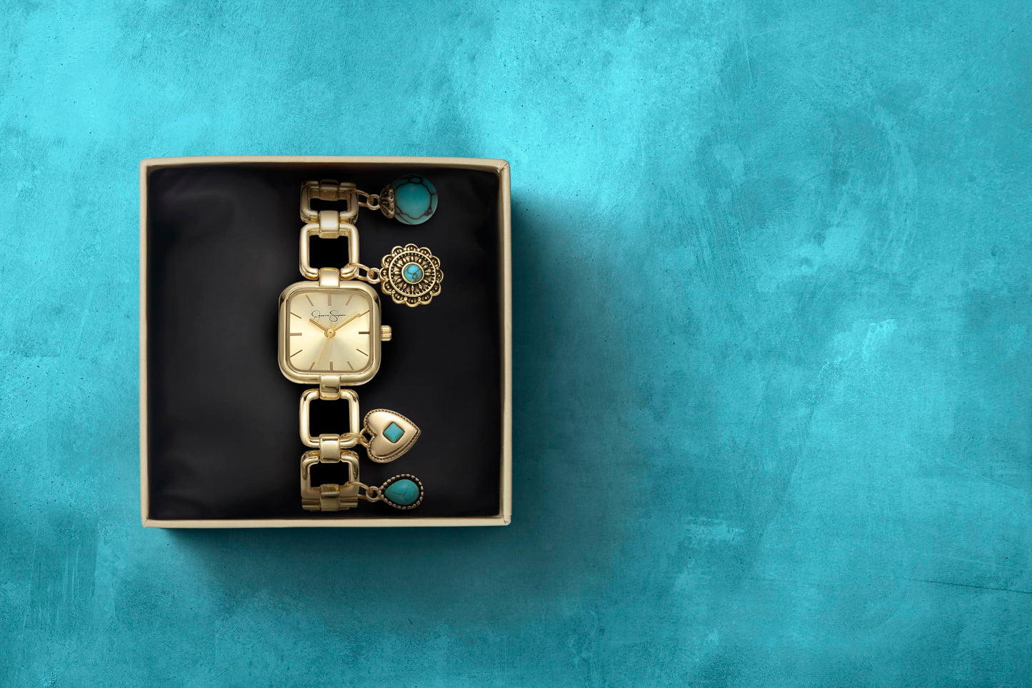 Jessica Simpson Charm Watch for Women - Gold Square 22mm Case, 4 Hanging Charms, Bracelet Style, Analog Quartz, Fashion Jewelry Accessory Gift (Gold)