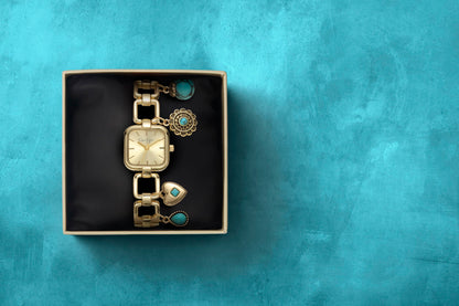 Jessica Simpson Charm Watch for Women - Gold Square 22mm Case, 4 Hanging Charms, Bracelet Style, Analog Quartz, Fashion Jewelry Accessory Gift (Gold)