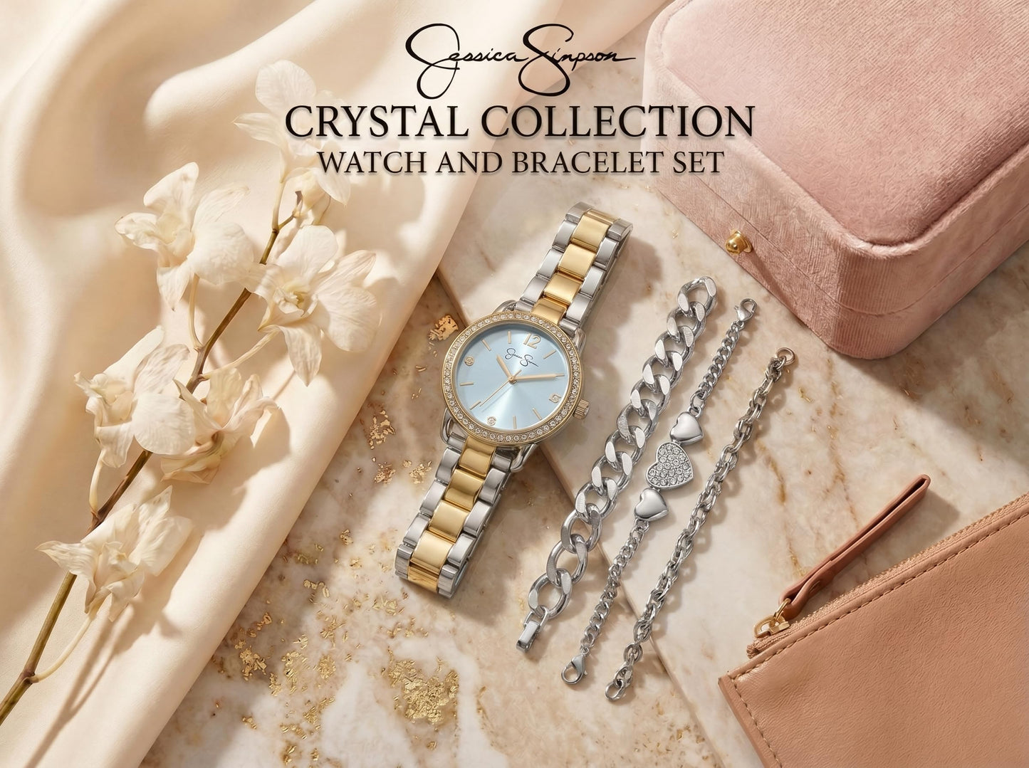 Jessica Simpson Women’s Watch Set Two Tone 33mm Blue Dial Bracelet Set