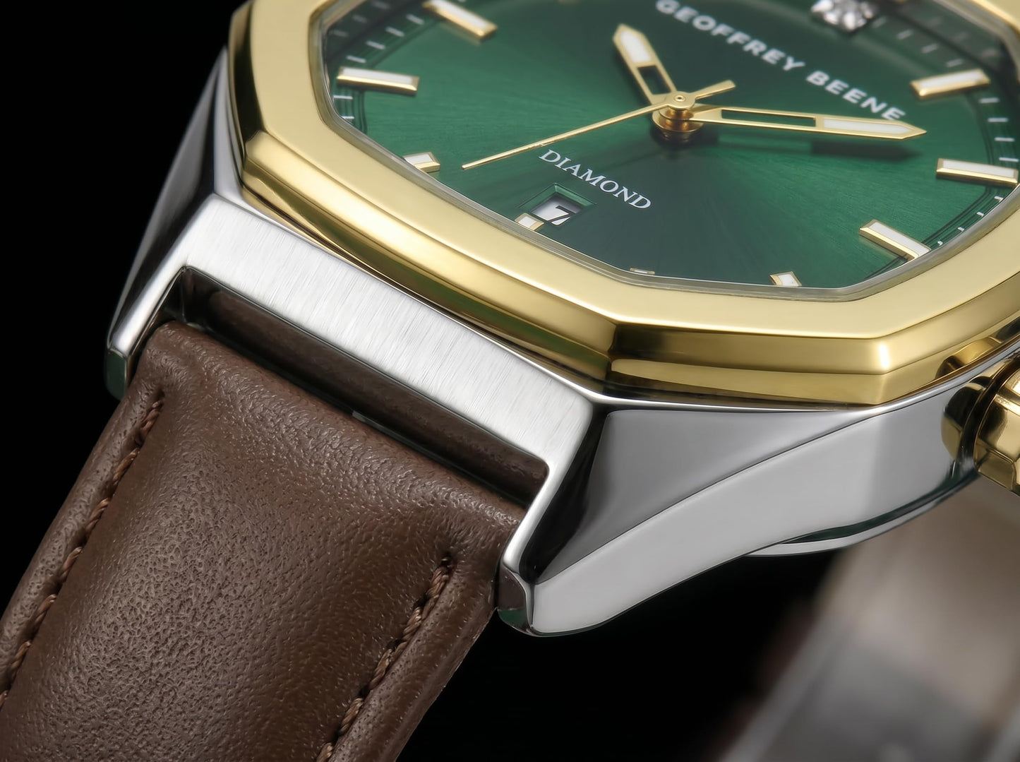 Geoffrey Beene Men’s Octagon Two Tone Watch 41mm Green Sunray Dial PU Strap Diamond Accent