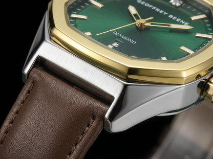 Geoffrey Beene Men’s Octagon Two Tone Watch 41mm Green Sunray Dial PU Strap Diamond Accent