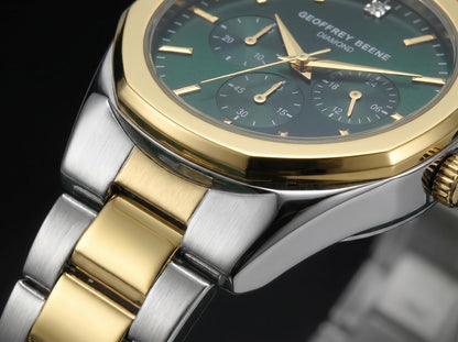 Geoffrey Beene Men’s Round Two Tone Watch 43mm Green Sunray Dial Bracelet Diamond Accent