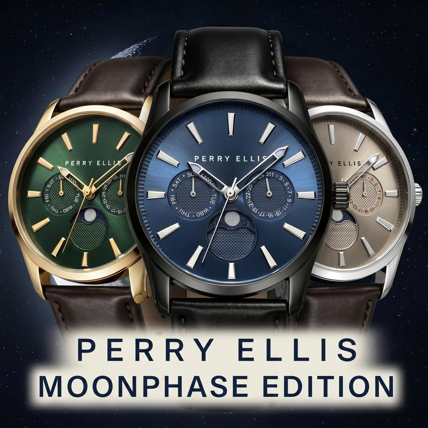 Perry Ellis Men's Round Moonphase Watch, Sunray Dial, PU Strap