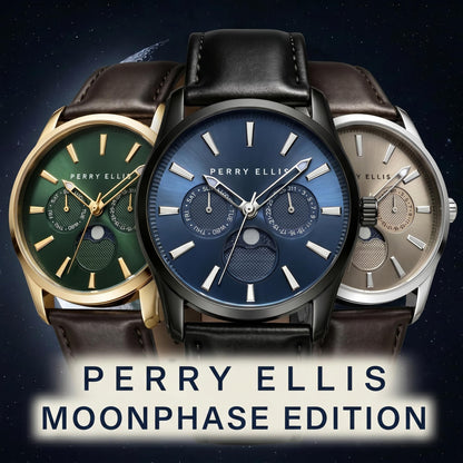 Perry Ellis Men's Round Moonphase Watch, Sunray Dial, PU Strap