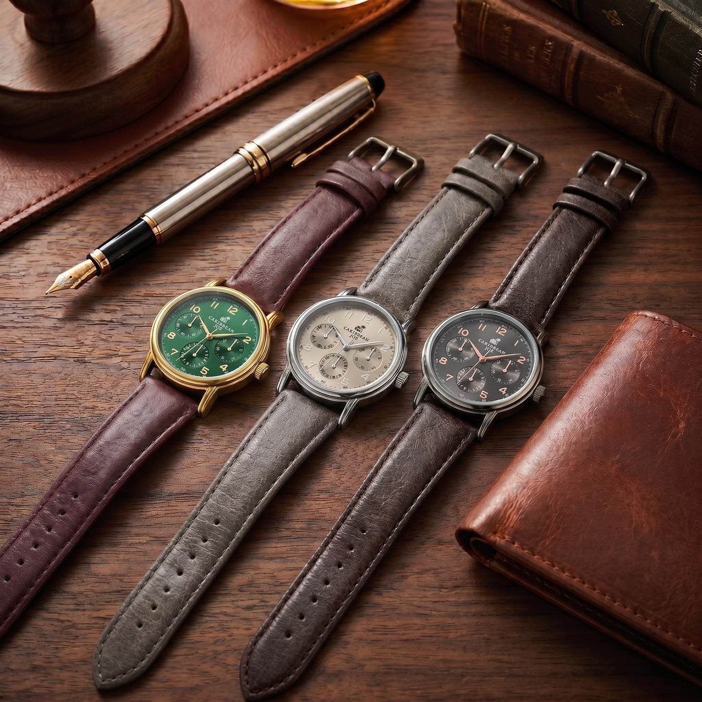 CARIBBEAN JOE Men’s Watch, 41mm Round Case, Silvertone, Dark Brown Sunray Dial, Rose Gold Arabic Markers, Decorative Dial Markers, Dark Brown PU Strap