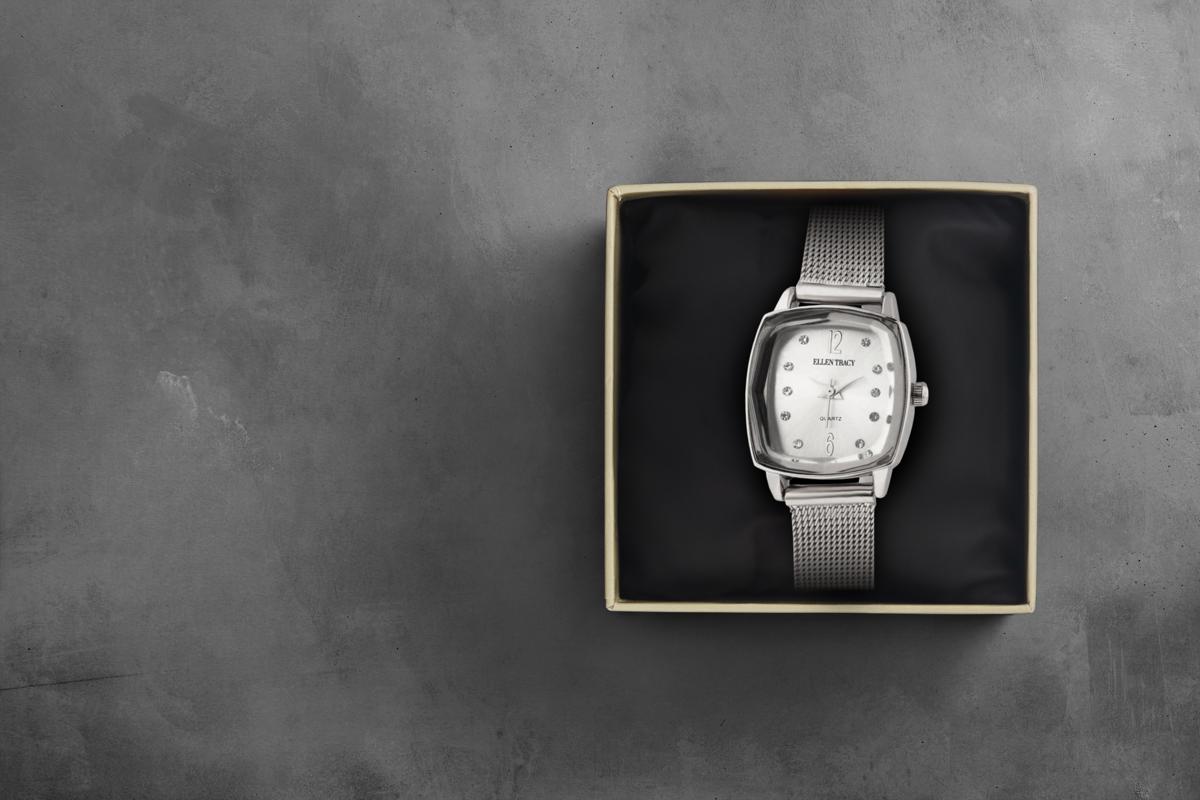 Ellen Tracy Womens Mesh Bracelet Watch | Cushion Sunray Dial With Crystals | 23 MM