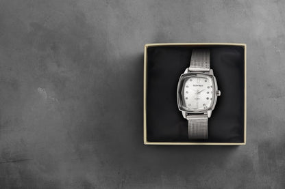 Ellen Tracy Womens Mesh Bracelet Watch | Cushion Sunray Dial With Crystals | 23 MM