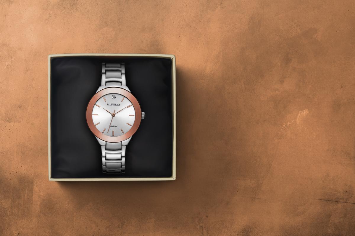 Ellen Tracy Diamond Collection Womens Metal Bracelet Watch | Round Sunray Dial | 32 MM