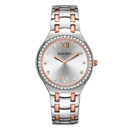 Ellen Tracy Womens Metal Bracelet Watch | Round Sunray Dial With Crystals | 34 MM