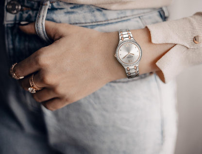 Ellen Tracy Womens Metal Bracelet Watch | Round Sunray Dial With Crystals | 34 MM
