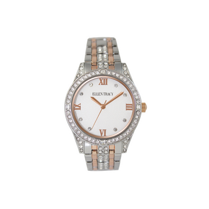 Ellen Tracy Womens Metal Bracelet Watch | Round Dail with Crystals | 36 MM
