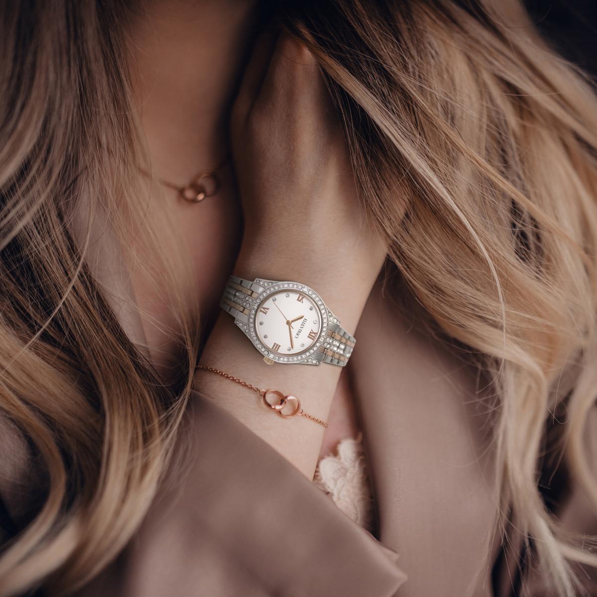 Ellen Tracy Womens Metal Bracelet Watch | Round Dail with Crystals | 36 MM
