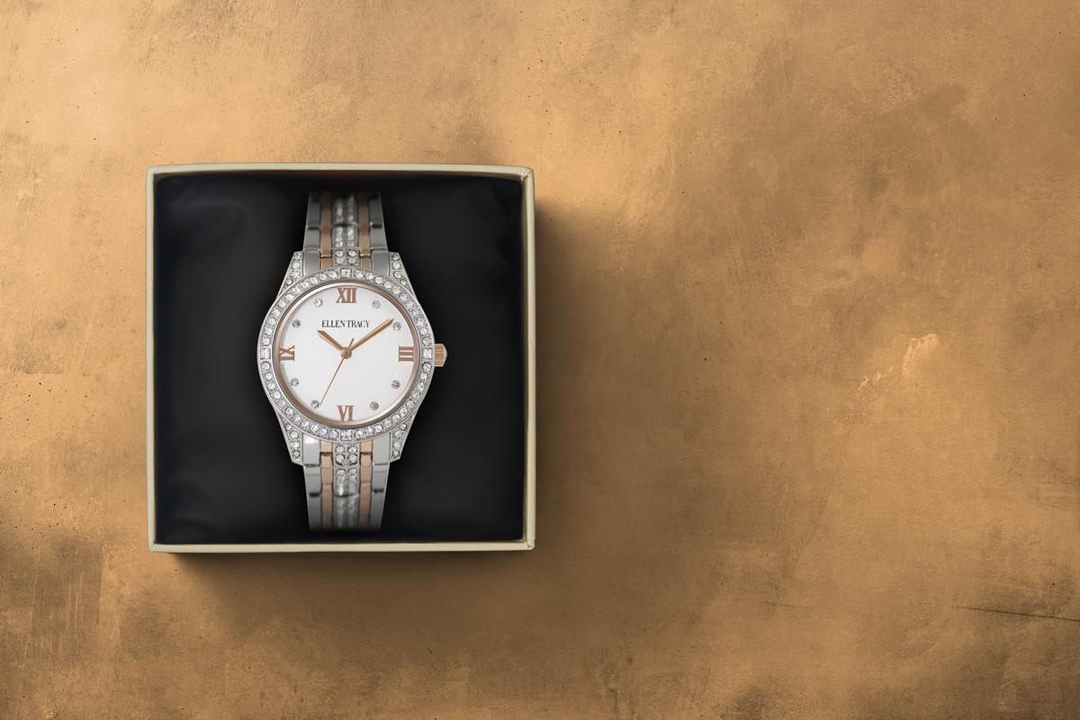 Ellen Tracy Womens Metal Bracelet Watch | Round Dail with Crystals | 36 MM