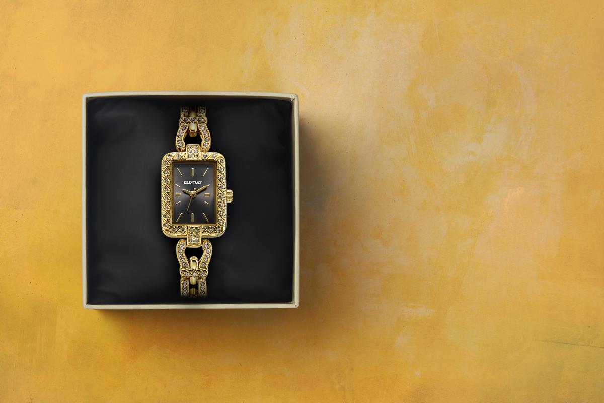 Ellen Tracy Womens Metal Bracelet Watch | Rectangular Sunray Dial With Crystals | 20 MM