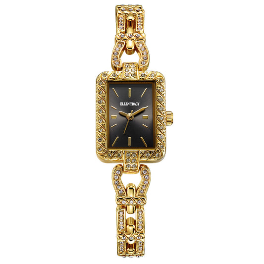 Ellen Tracy Womens Metal Bracelet Watch | Rectangular Sunray Dial With Crystals | 20 MM