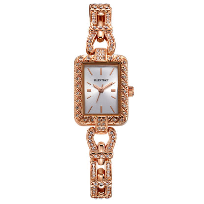 Ellen Tracy Womens Metal Bracelet Watch | Rectangular Sunray Dial With Crystals | 20 MM