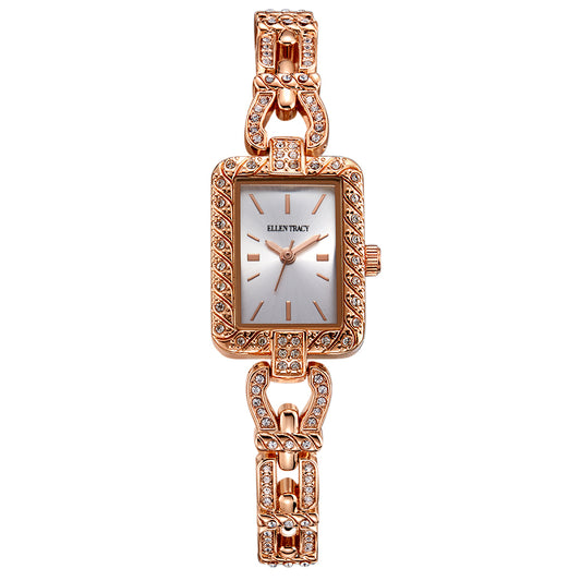 Ellen Tracy Womens Metal Bracelet Watch | Rectangular Sunray Dial With Crystals | 20 MM