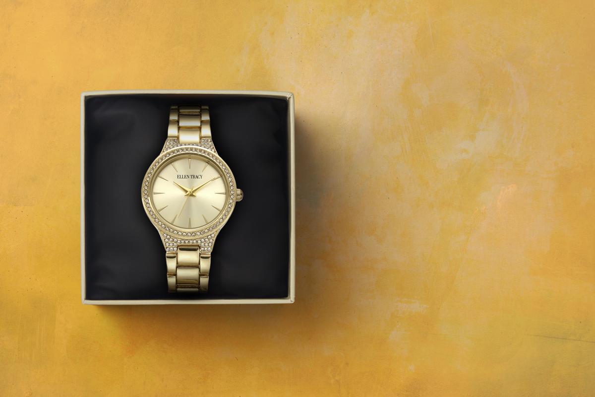 Ellen Tracy Womens Metal Bracelet Watch | Round Sunray Dial With Crystals | 33 MM