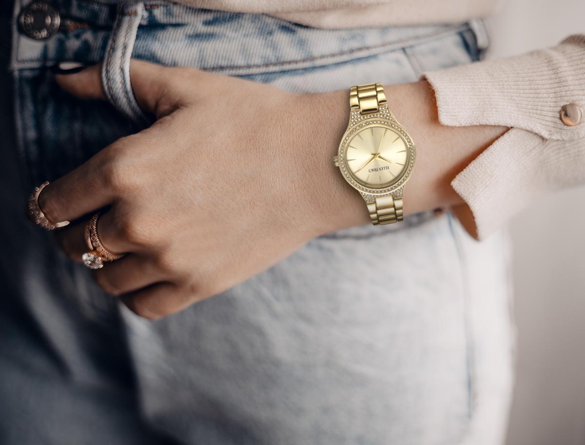 Ellen Tracy Womens Metal Bracelet Watch | Round Sunray Dial With Crystals | 33 MM
