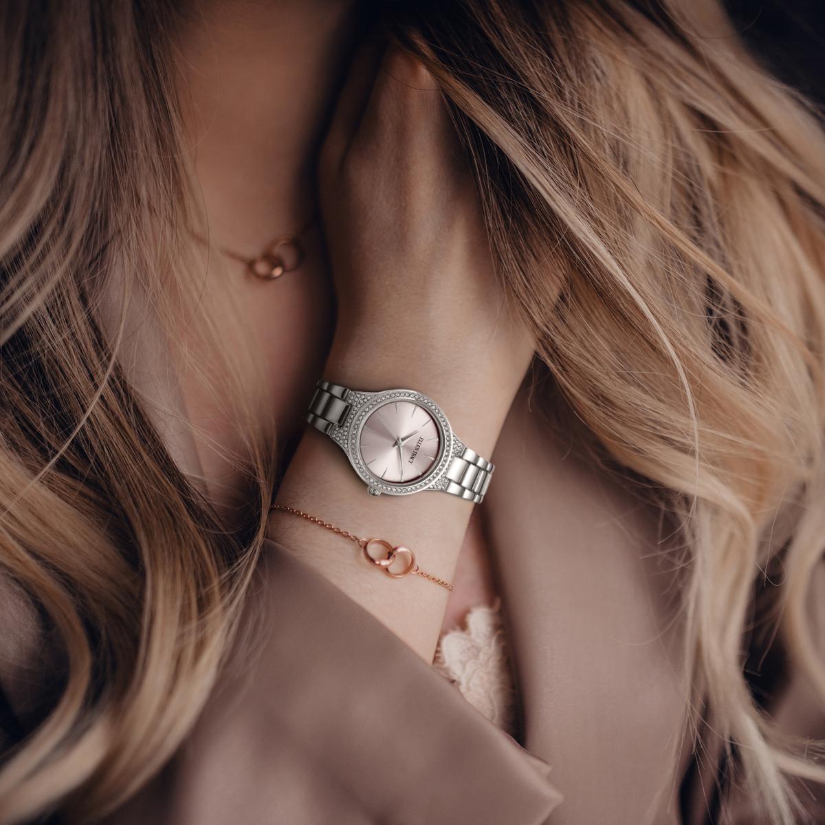 Ellen Tracy Womens Metal Bracelet Watch | Round Sunray Dial With Crystals | 33 MM
