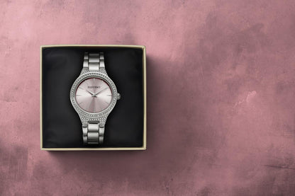 Ellen Tracy Womens Metal Bracelet Watch | Round Sunray Dial With Crystals | 33 MM