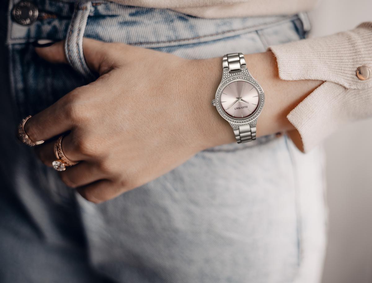 Ellen Tracy Womens Metal Bracelet Watch | Round Sunray Dial With Crystals | 33 MM