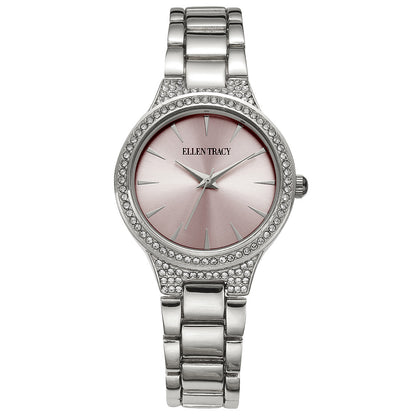Ellen Tracy Womens Metal Bracelet Watch | Round Sunray Dial With Crystals | 33 MM