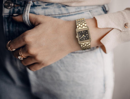 Ellen Tracy Womens Metal Bracelet Watch | Square Dial | Faceted Crystals | 22 MM