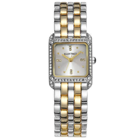 Ellen Tracy Womens Metal Bracelet Watch | Square Dial | Faceted Crystals | 22 MM