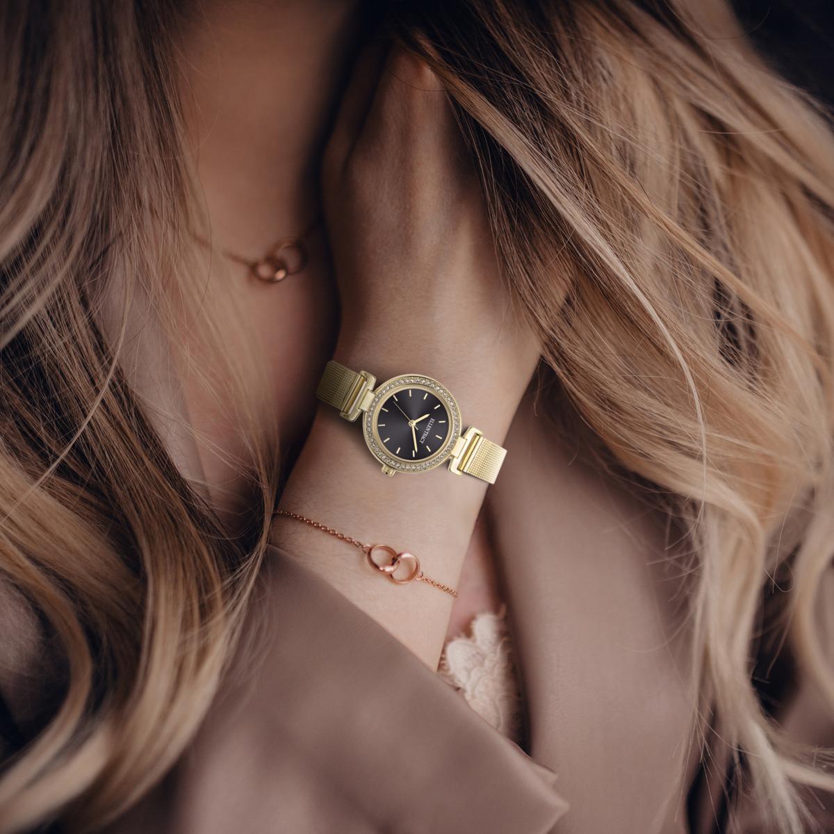 Ellen Tracy Womens Mesh Band Watch | Round Sunray Dial With Crystals | 30 MM