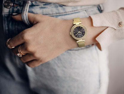 Ellen Tracy Womens Mesh Band Watch | Round Sunray Dial With Crystals | 30 MM