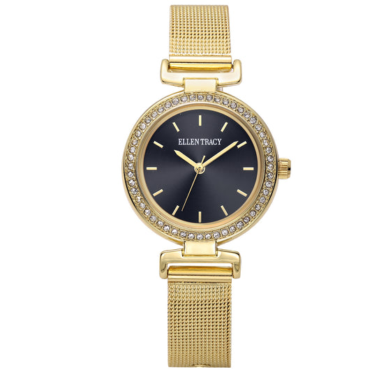Ellen Tracy Womens Mesh Band Watch | Round Sunray Dial With Crystals | 30 MM
