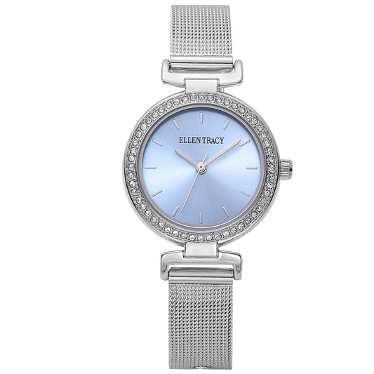 Ellen Tracy Womens Mesh Band Watch | Round Sunray Dial With Crystals | 30 MM