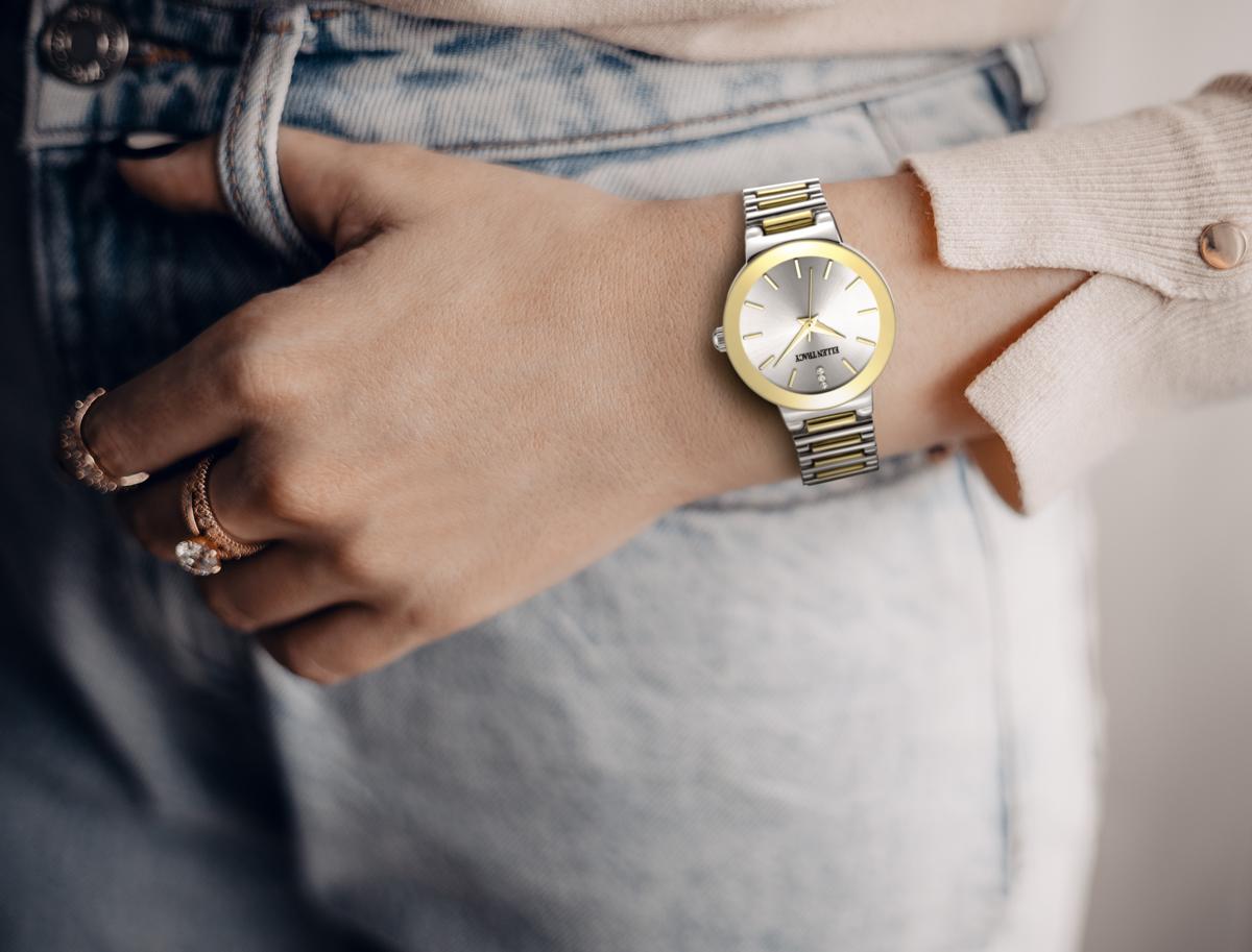 Ellen Tracy Diamond Collection Womens Metal Bracelet Watch | Round Sunray Dial With Crystals | 28 MM