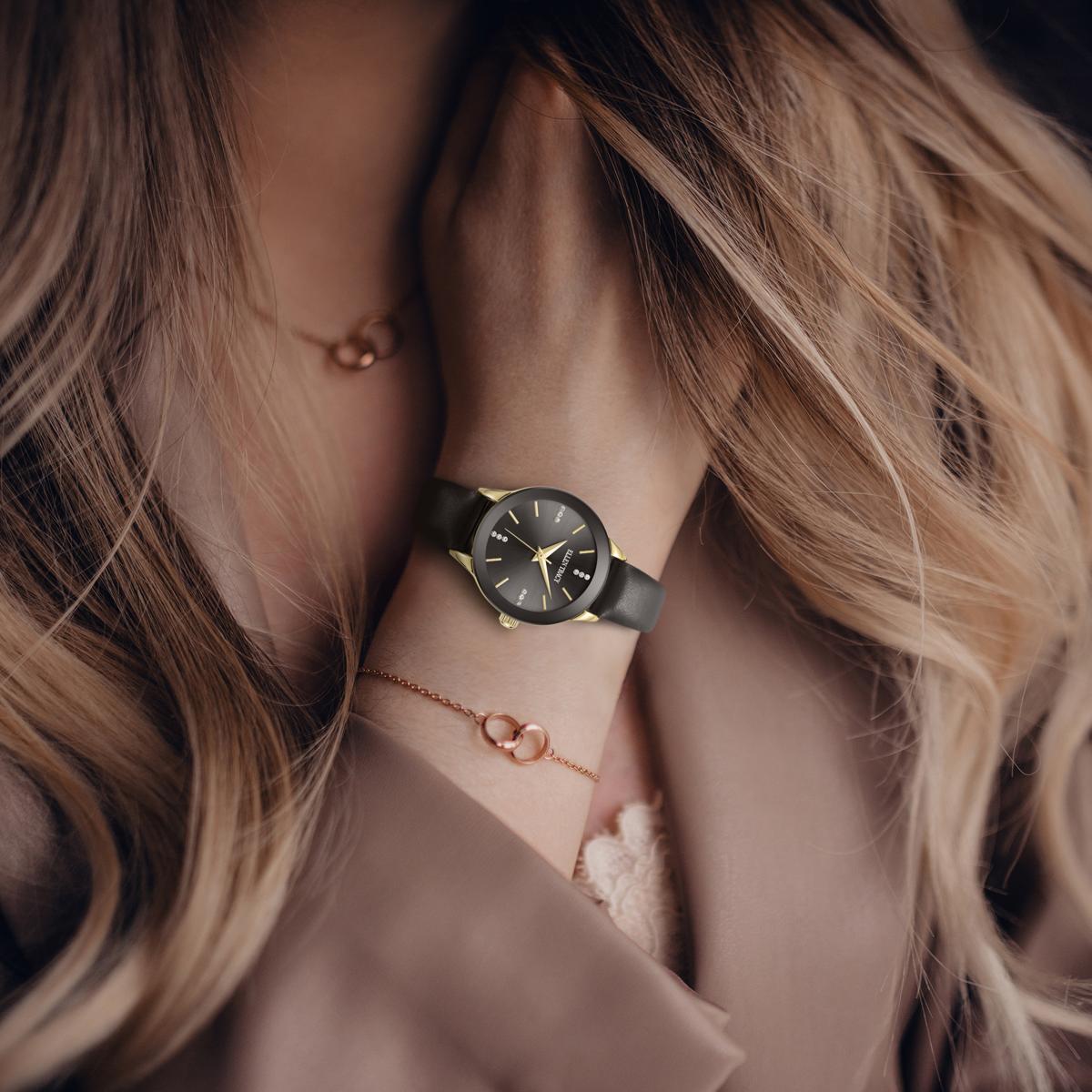 Ellen Tracy Diamond Collection Womens Leather Watch | Round Sunray Dial With Crystals | 28 MM