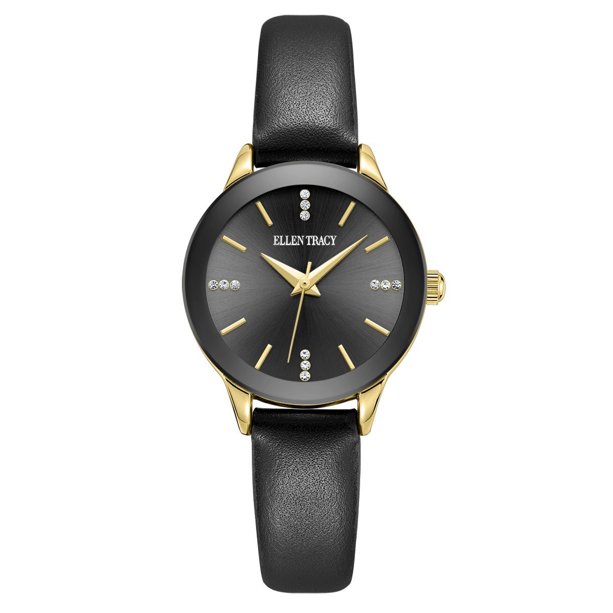 Ellen Tracy Diamond Collection Womens Leather Watch | Round Sunray Dial With Crystals | 28 MM