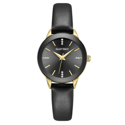 Ellen Tracy Diamond Collection Womens Leather Watch | Round Sunray Dial With Crystals | 28 MM