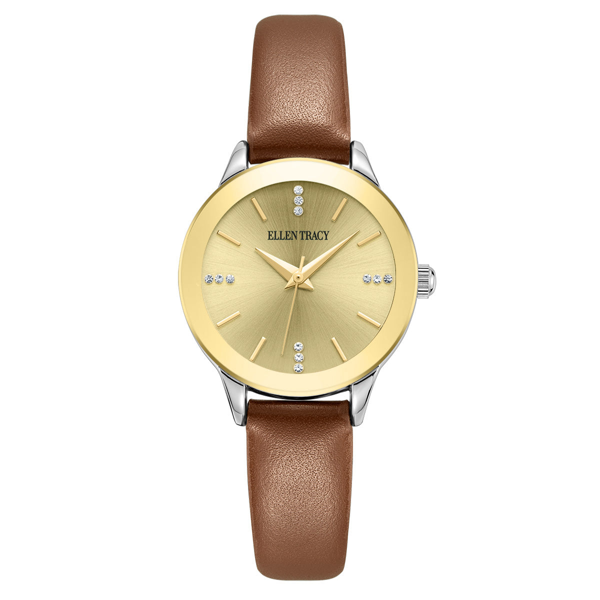 Ellen Tracy Diamond Collection Womens Leather Watch | Round Sunray Dial With Crystals | 28 MM