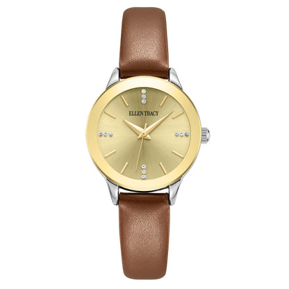 Ellen Tracy Diamond Collection Womens Leather Watch | Round Sunray Dial With Crystals | 28 MM