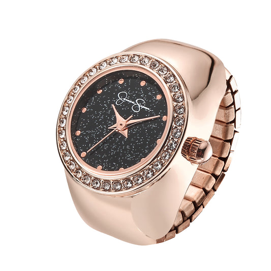 Jessica Simpson Women's Metal Adjustable Ring Watch | Round Crystal Bezel | Quartz Analog Mini Dial | Stretch Band | 20 MM