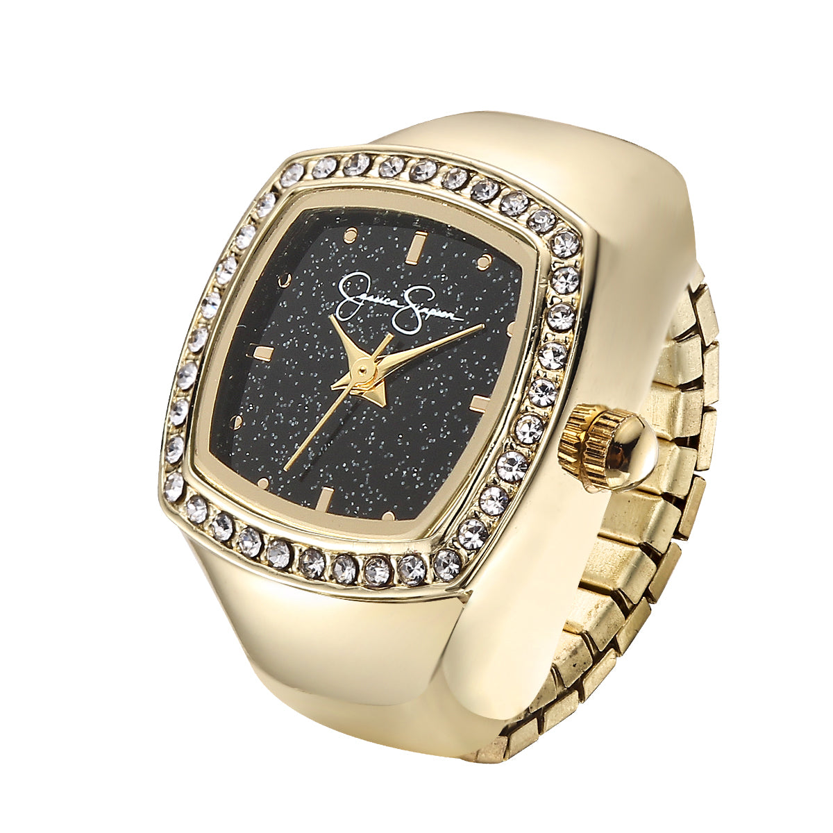 Jessica Simpson Women's Metal Adjustable Ring Watch | CushionedCrystal Bezel | Quartz Analog Mini Dial | Stretch Band | 20 MM