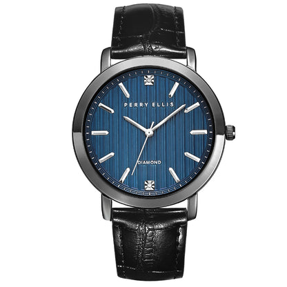Perry Ellis Slim Diamond Leather Men’s Watch | Round Sunray Dial | 41MM
