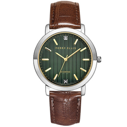 Perry Ellis Slim Diamond Leather Men’s Watch | Round Sunray Dial | 41MM
