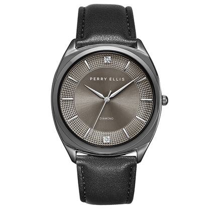 Perry Ellis Slim Diamond  Leather Men’s Watch | Round Sunray Dial | 41 MM