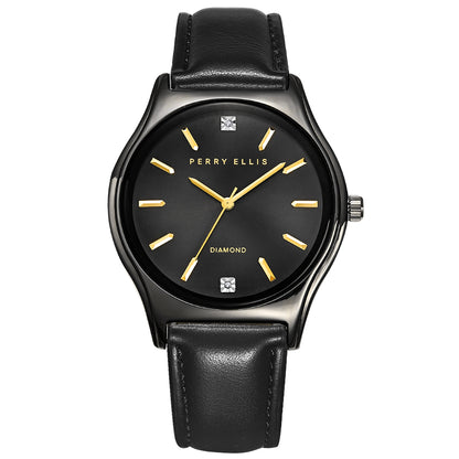 Perry Ellis Slim Diamond Leather Men’s Watch | Round Sunray Dial | 41 MM