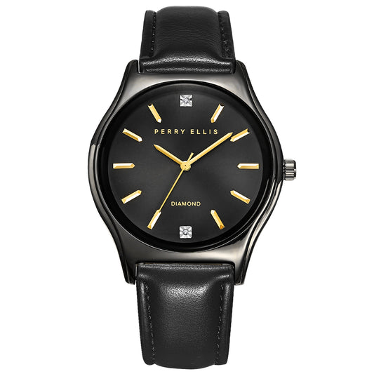 Perry Ellis Slim Diamond Leather Men’s Watch | Round Sunray Dial | 41 MM