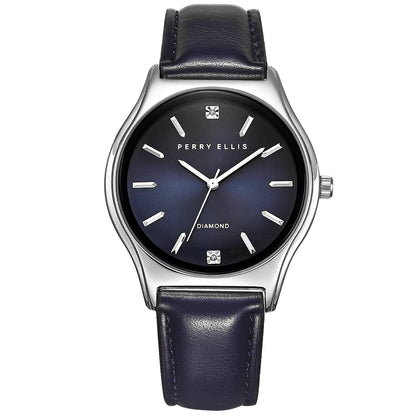 Perry Ellis Slim Diamond Leather Men’s Watch | Round Sunray Dial | 41 MM