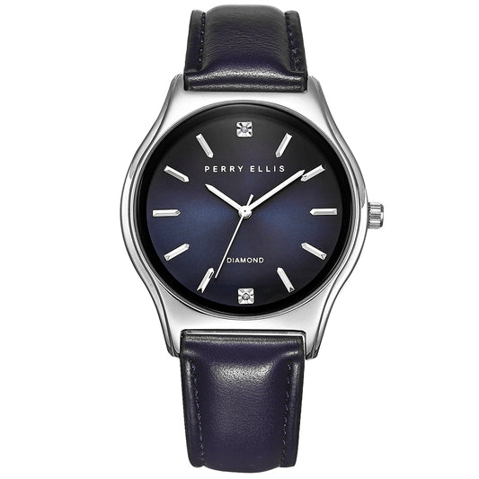 Perry Ellis Slim Diamond Leather Men’s Watch | Round Sunray Dial | 41 MM
