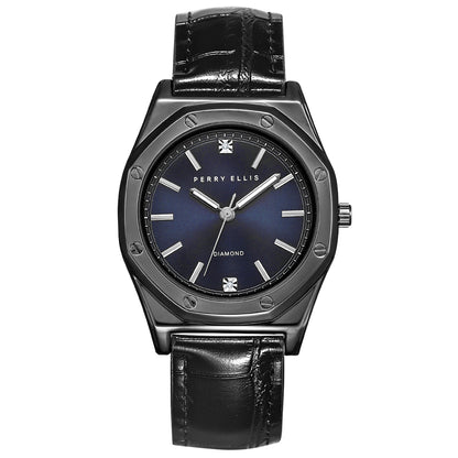 Perry Ellis Slim Diamond Leather Men’s Watch | Octagon Sunray Dial | 41 MM