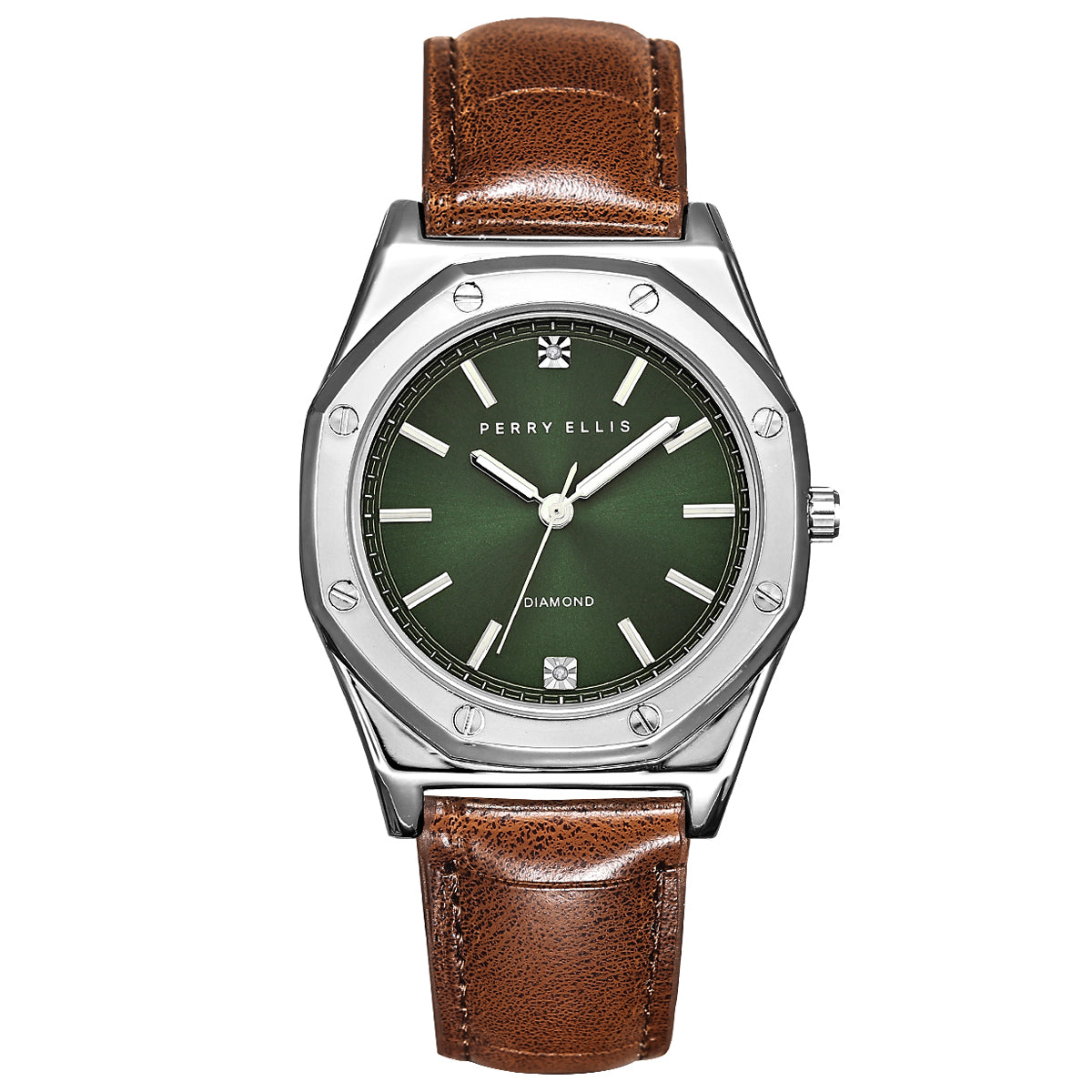Perry Ellis Slim Diamond Leather Men’s Watch | Octagon Sunray Dial | 41 MM
